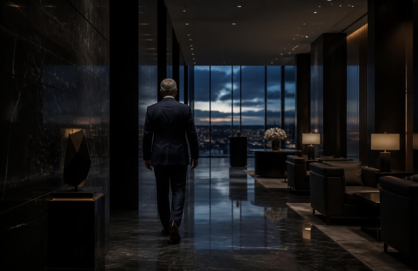 Lobby corporativo sofisticado ao anoitecer